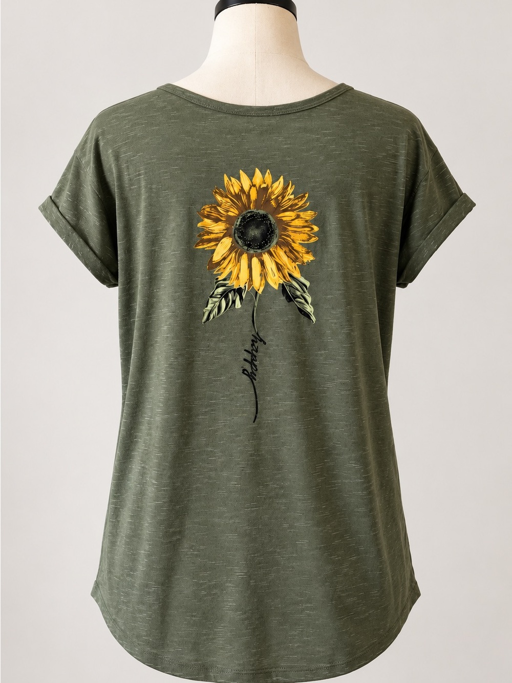 Olive Green Sunflower Graphic High Low Tee Top Small